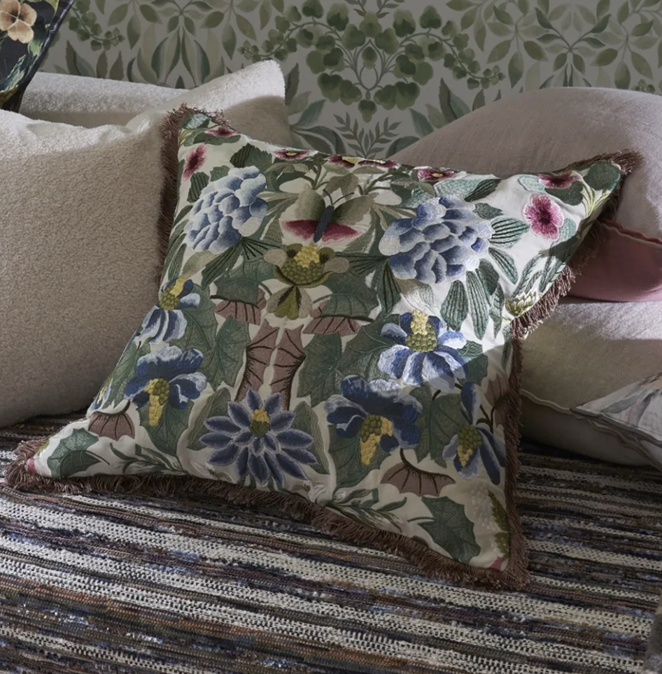 Ikebana Damask Embroidered Cushion