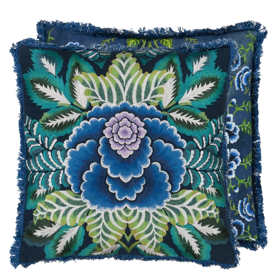 Rose De Damas Embroidered Indigo Cushion