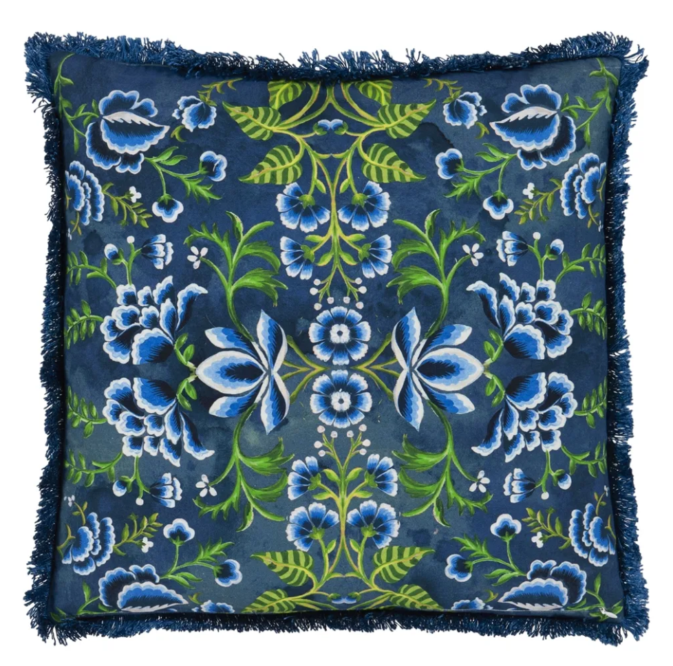 Rose De Damas Embroidered Indigo Cushion