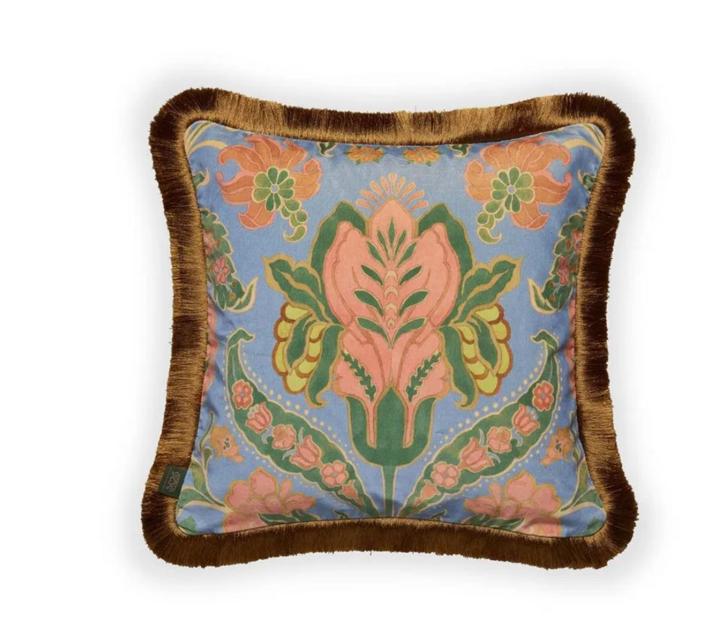 TARA Velvet Fringed Cushion - Azurite